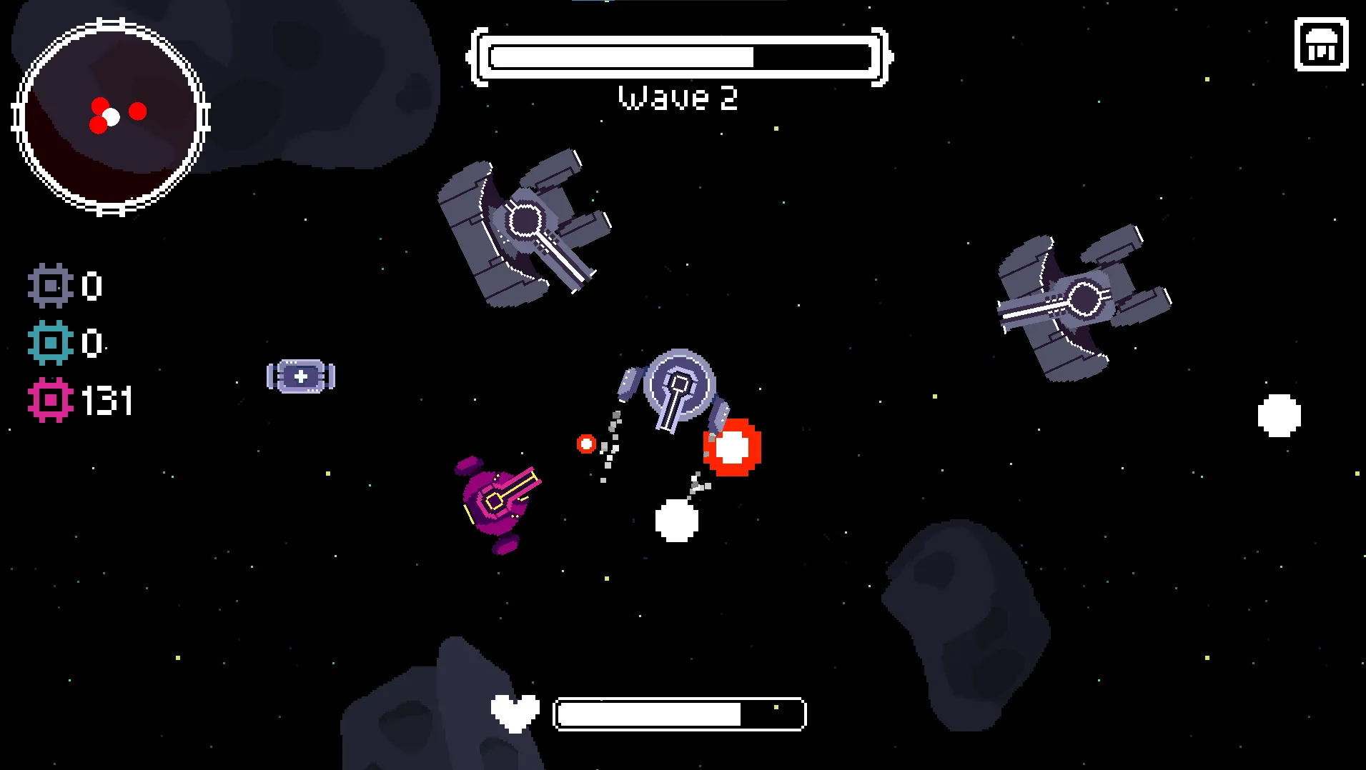 Top-down battle scene with enemies surrounding the player ship while the auto-firing turret rotates
