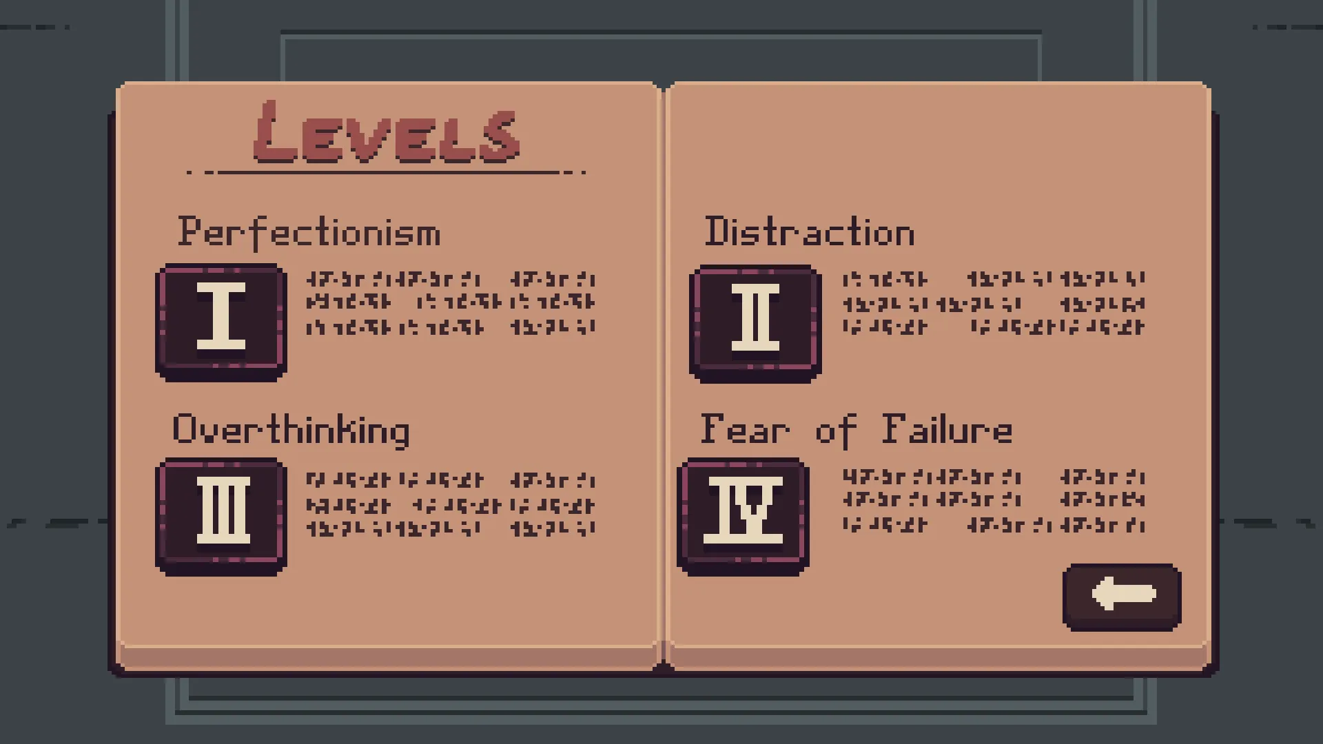Book-style main menu showing chapter-like level selection and page-based navigation