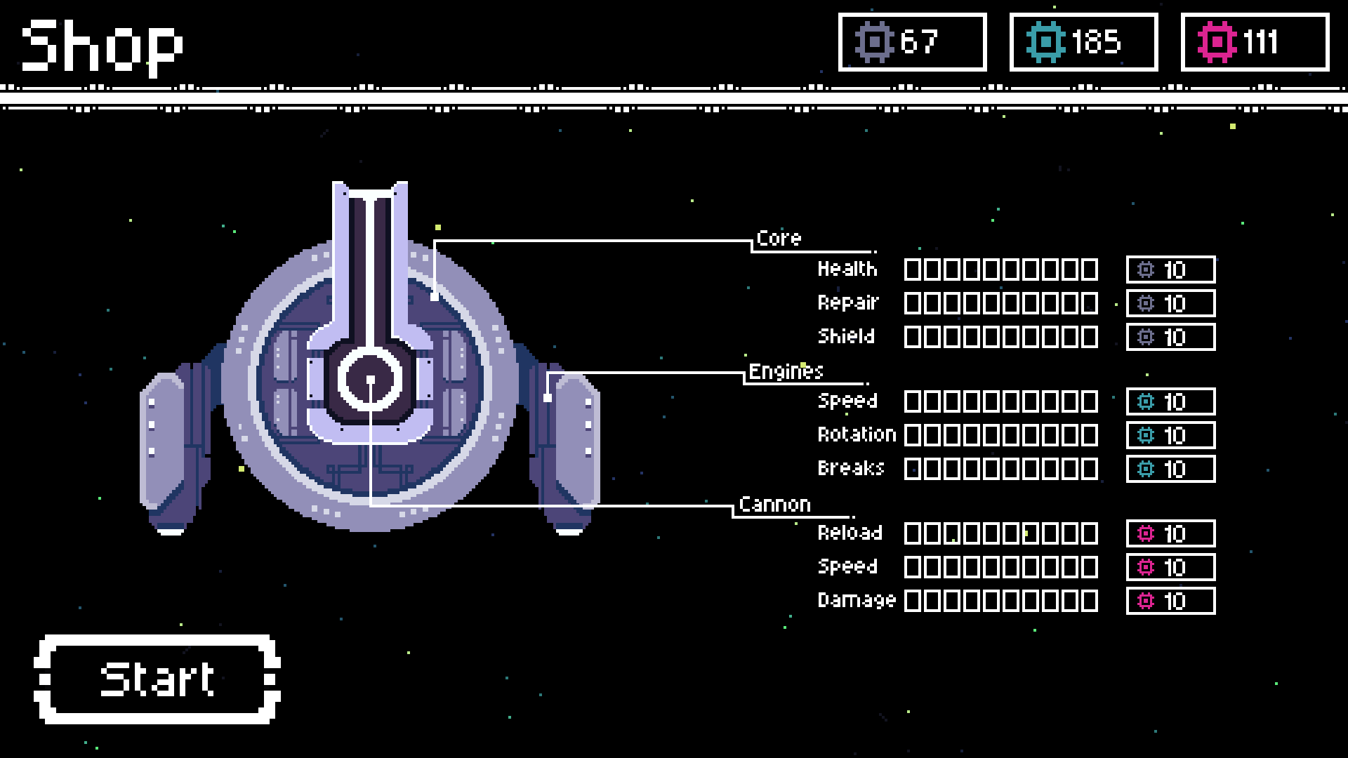 Animated shop interface showing upgrade options for ship health, speed, and cannon